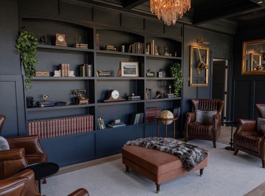 Elegant library lounge with leather seating